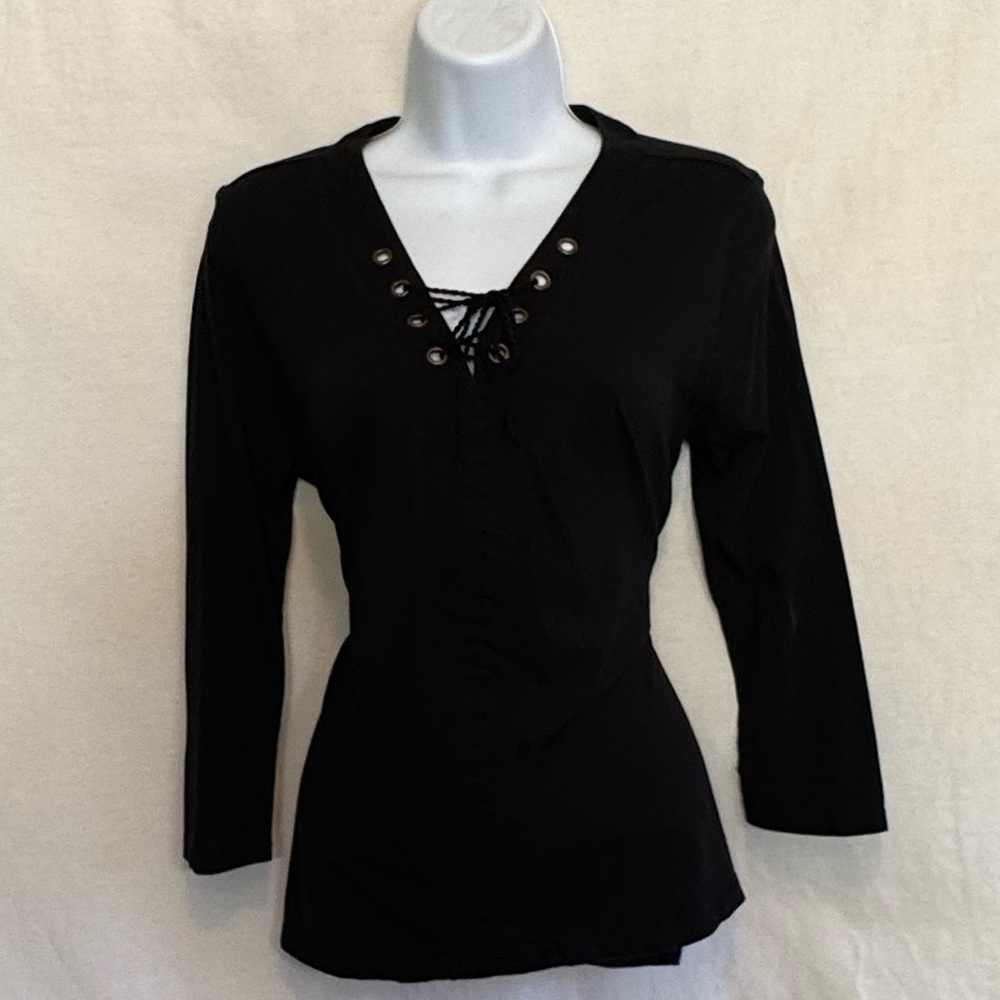 C-19 Cato Black Lace up 1/2 Sleeve Pullover Blouse Size S